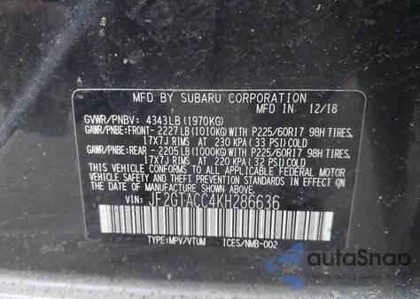 2019 Subaru Crosstrek 2.0I Premium z USA, uszkodzony, nr VIN JF2GTACC4KH286636